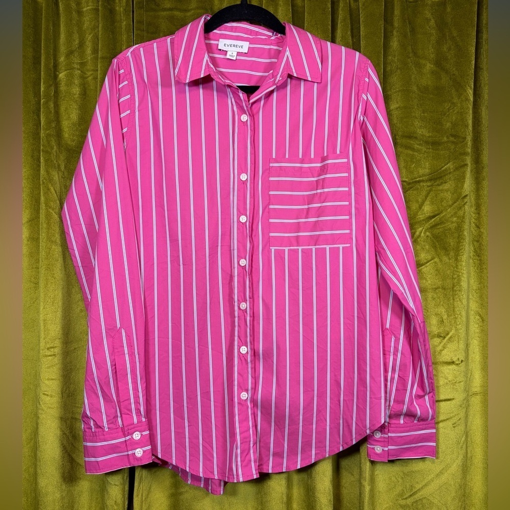 Evereve Pink Blue & White Striped Oversized Collare Button Down Small Retail $88